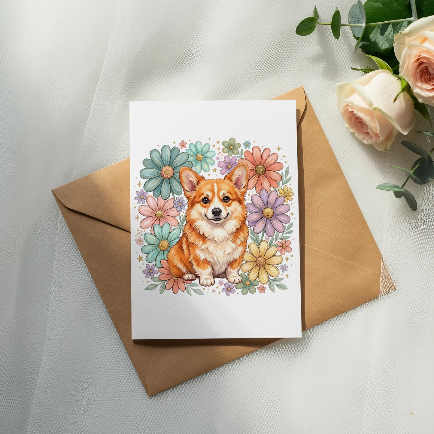 Corgi surrounded by colorful flowers on a card atop a brown envelope.