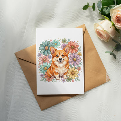 Corgi surrounded by colorful flowers on a card atop a brown envelope.