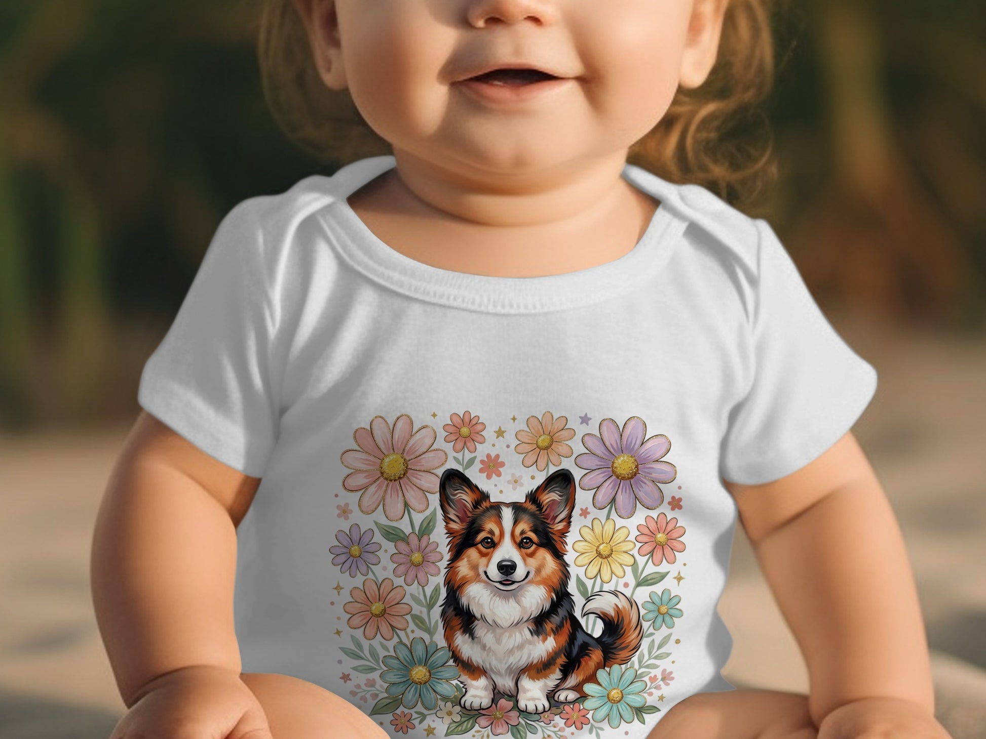 Baby in white onesie with Corgi and floral print.