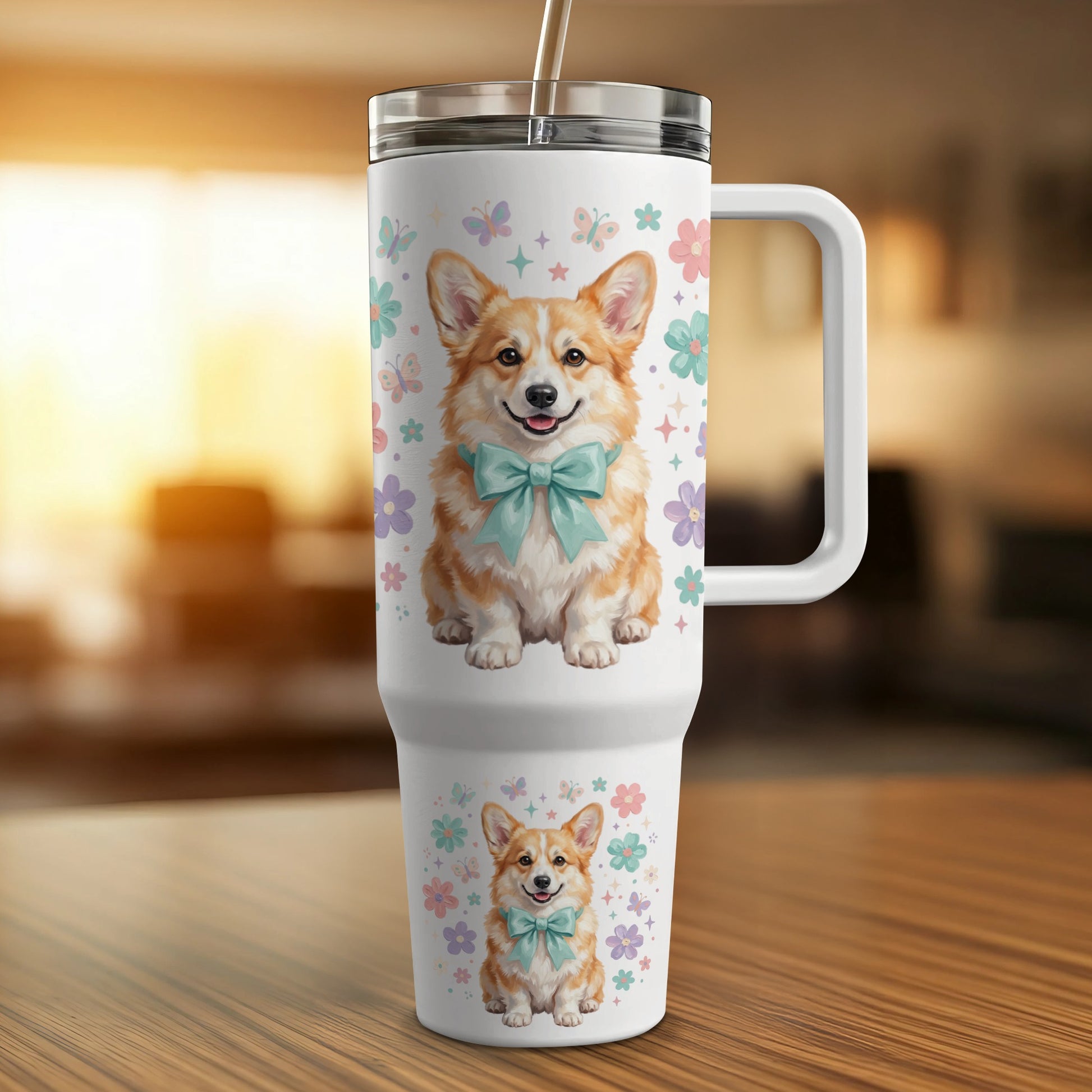 Corgo with teal bow on white tumbler with floral and butterfly designs.