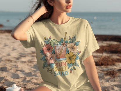 T-shirt with floral design and text "Sun Salt Sand."
