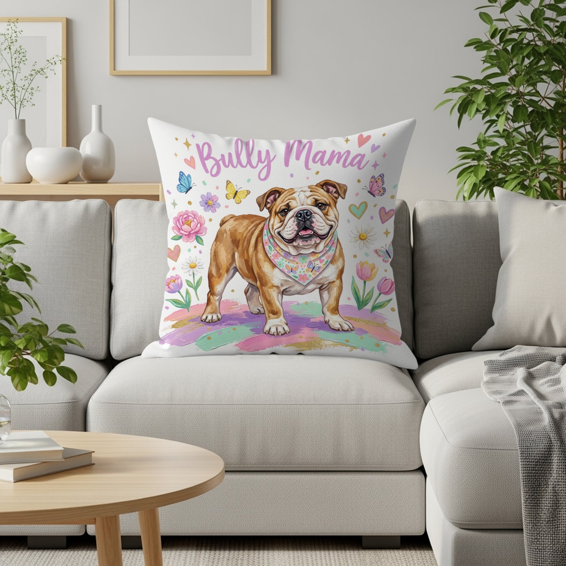 Bully Mama English Bulldog with floral and butterfly accents on pillow.
