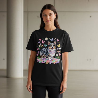 Black t-shirt with a corgi and pastel floral design.