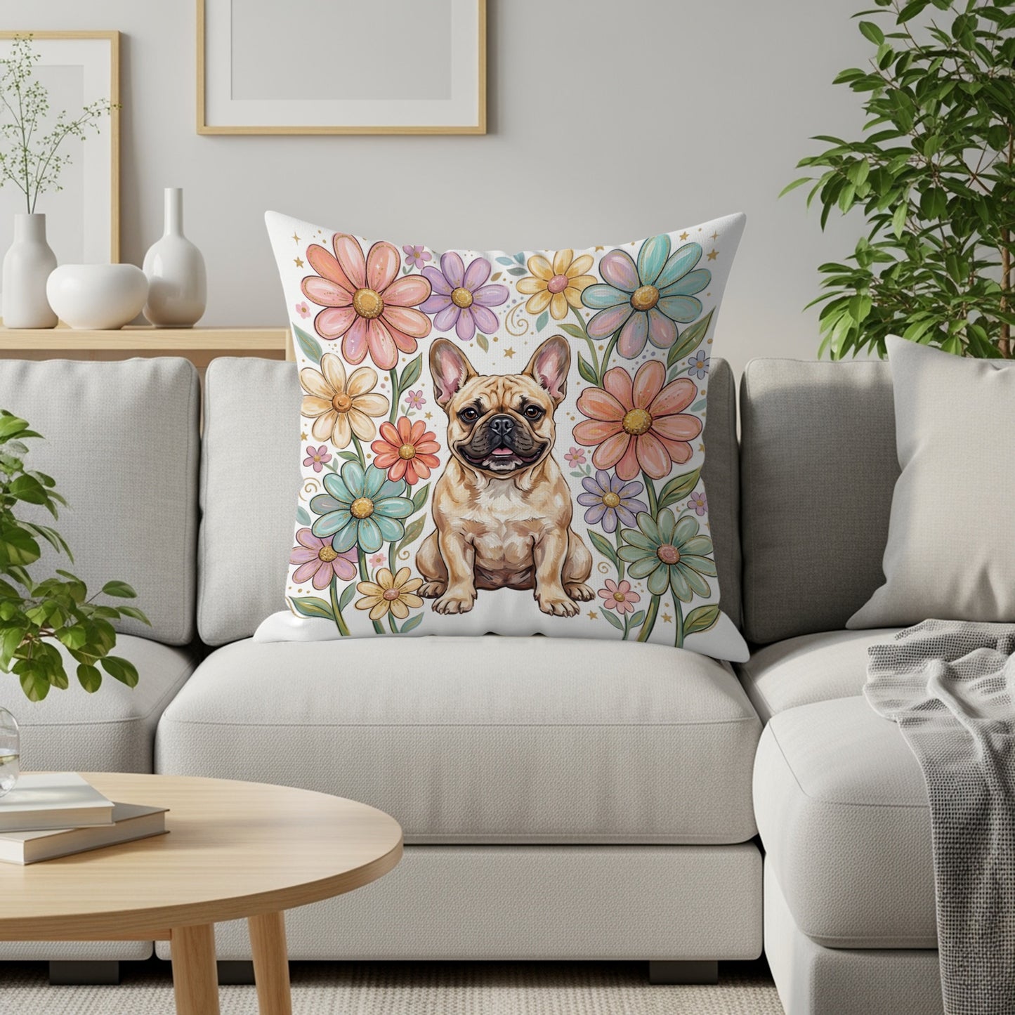 French Bulldog on floral cushion on sofa