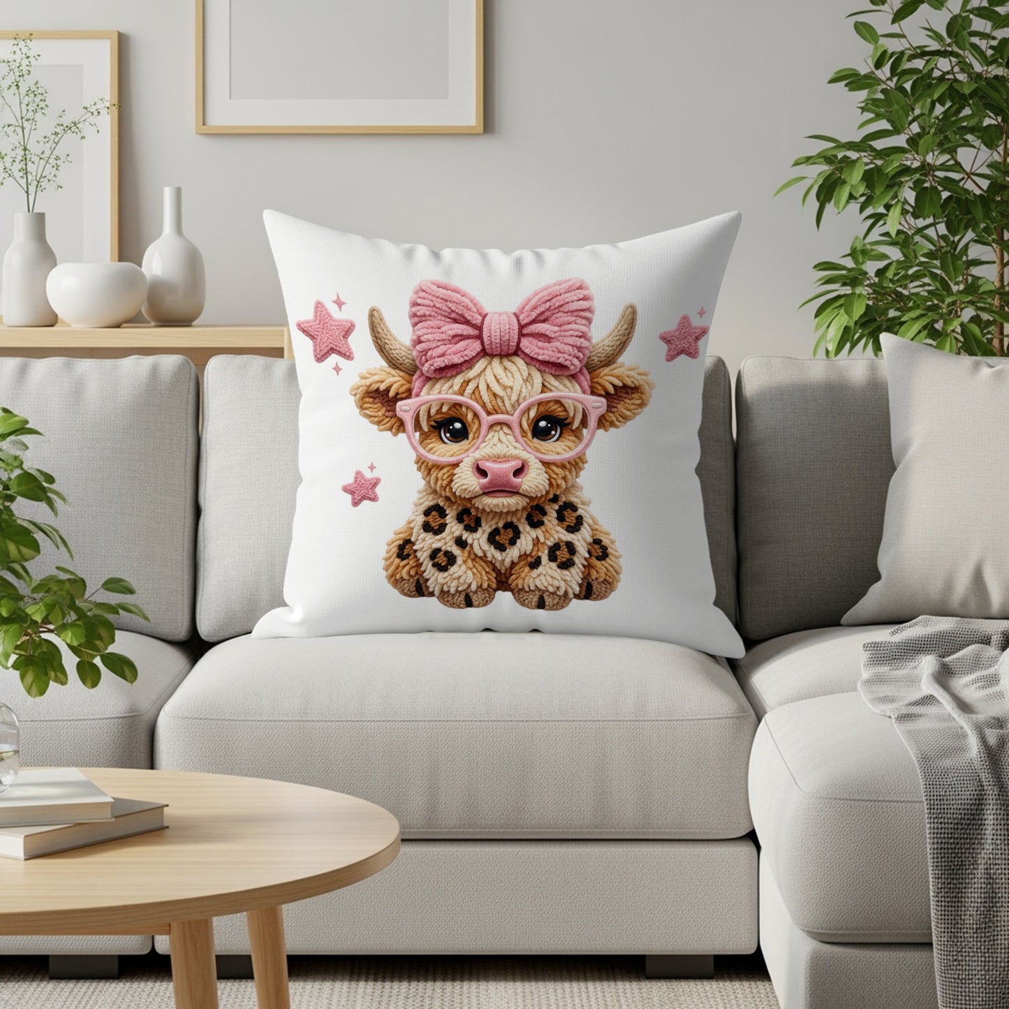Fluffy Highland cow with pink bow and glasses on a throw pillow.