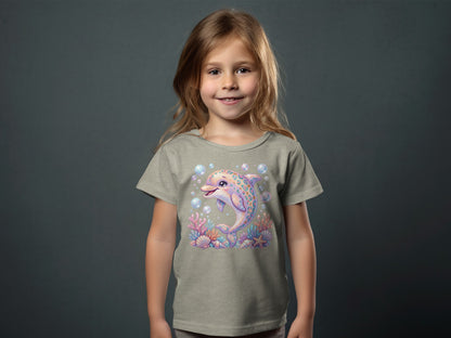 Girl in t-shirt with a colorful cartoon dolphin and seashell graphic.