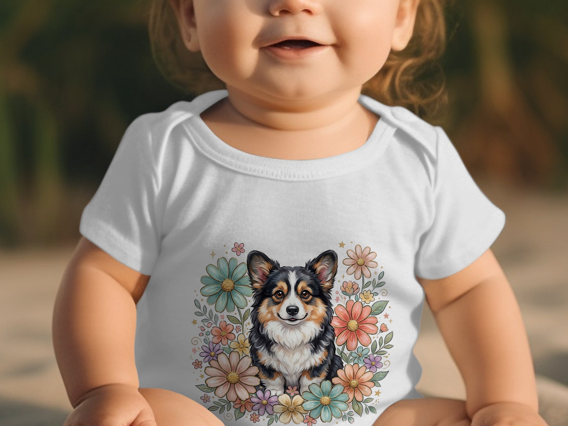 Baby wearing a white bodysuit with a corgi and floral graphic.