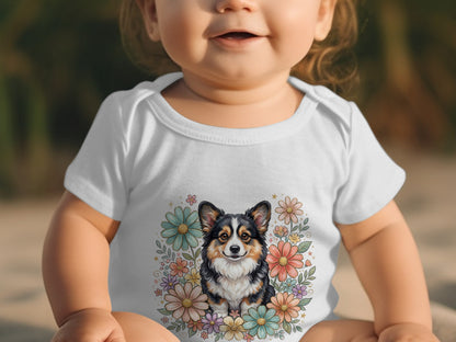 Baby wearing a white bodysuit with a corgi and floral graphic.