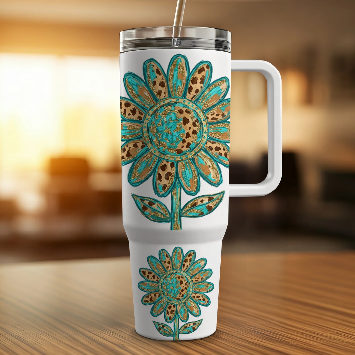 White tumbler with turquoise and gold floral design and handle.