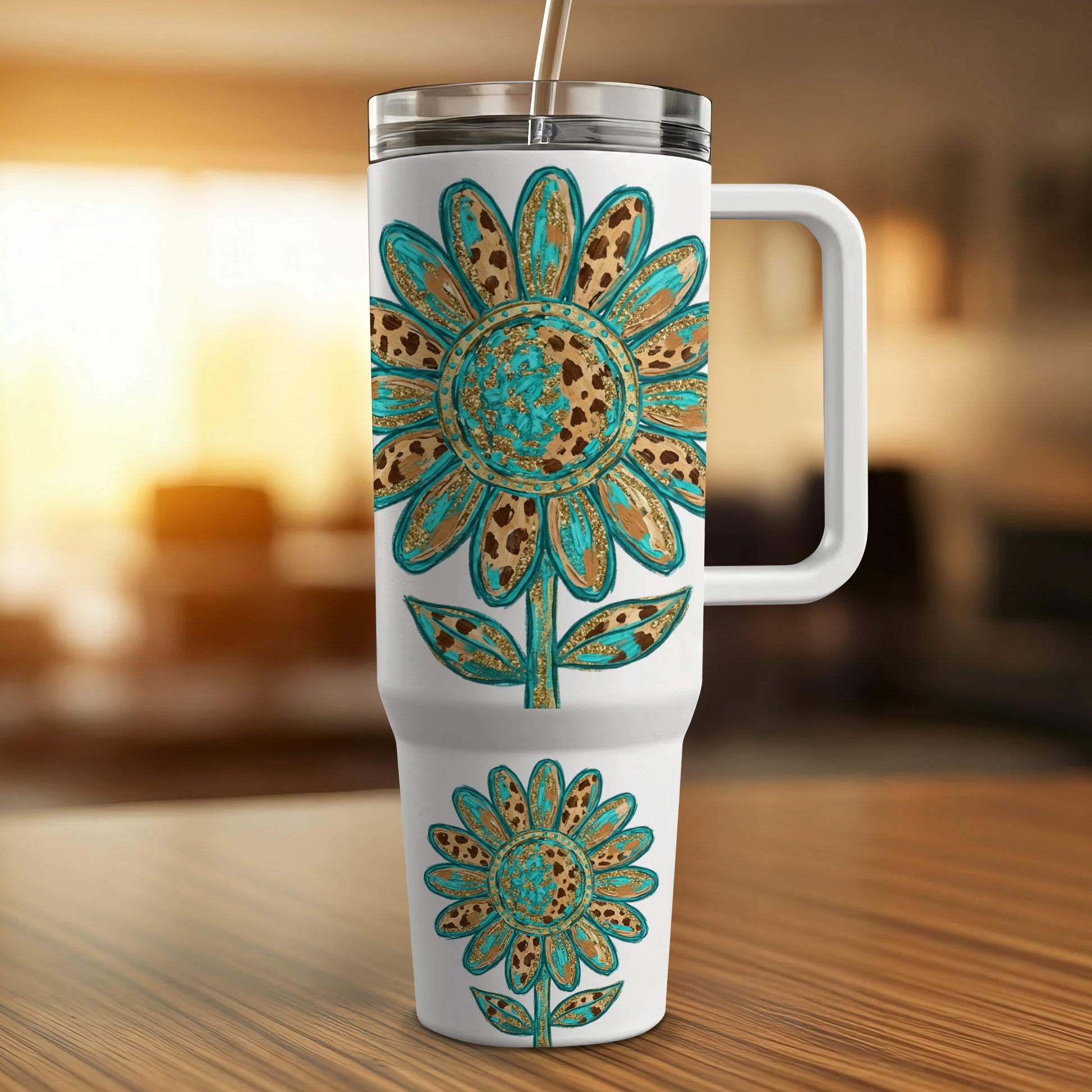 White tumbler with turquoise and gold floral design and handle.