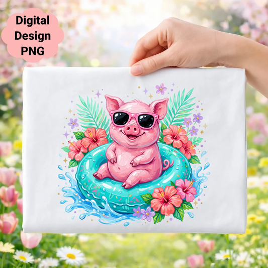 Happy cartoon pig with sunglasses floats in a teal inner tube with flowers.