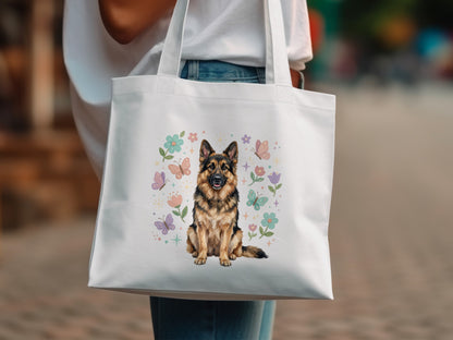 White tote bag with German Shepherd and floral butterfly design.