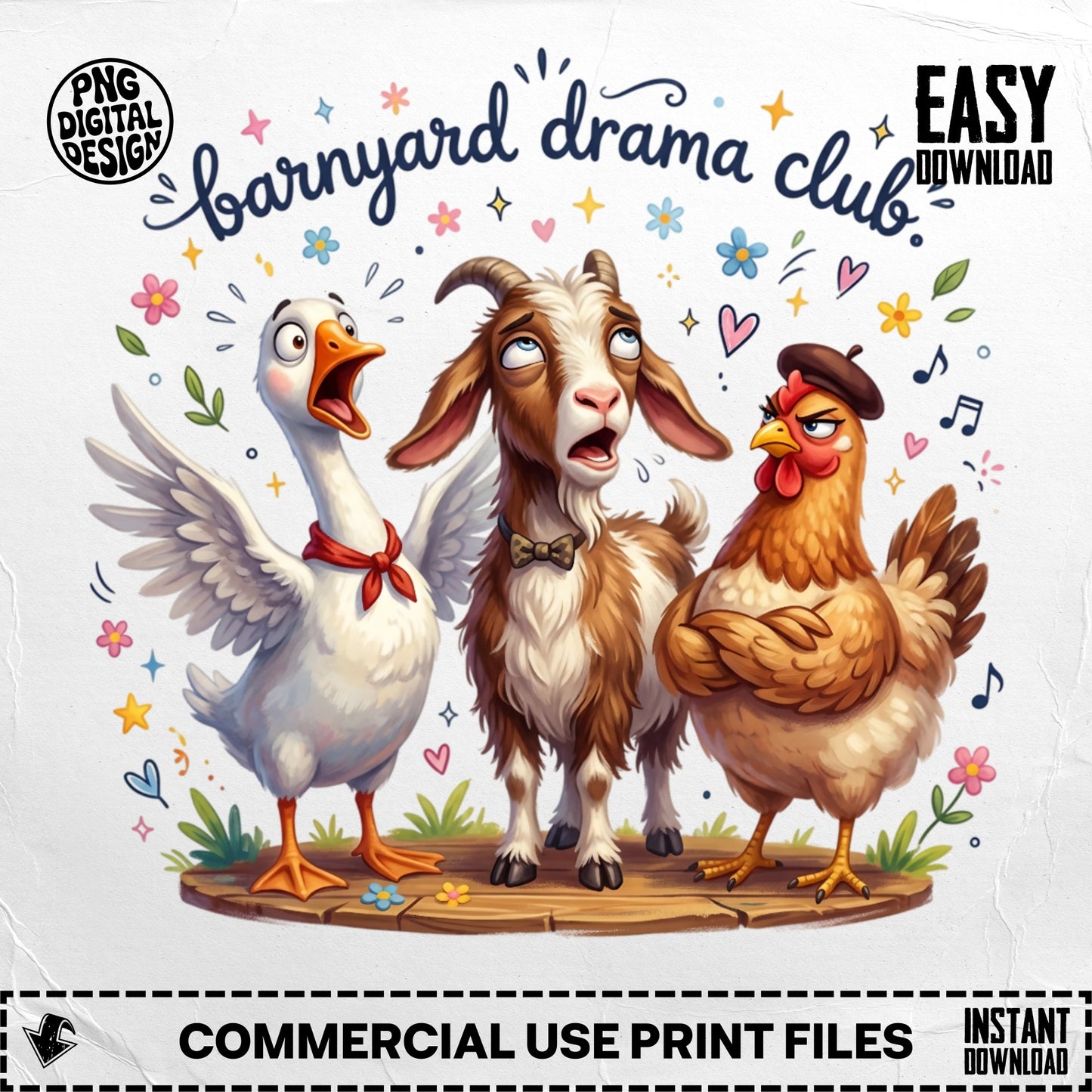 Goose, goat, and chicken in a barnyard scene with "Barnyard Drama Club" text.