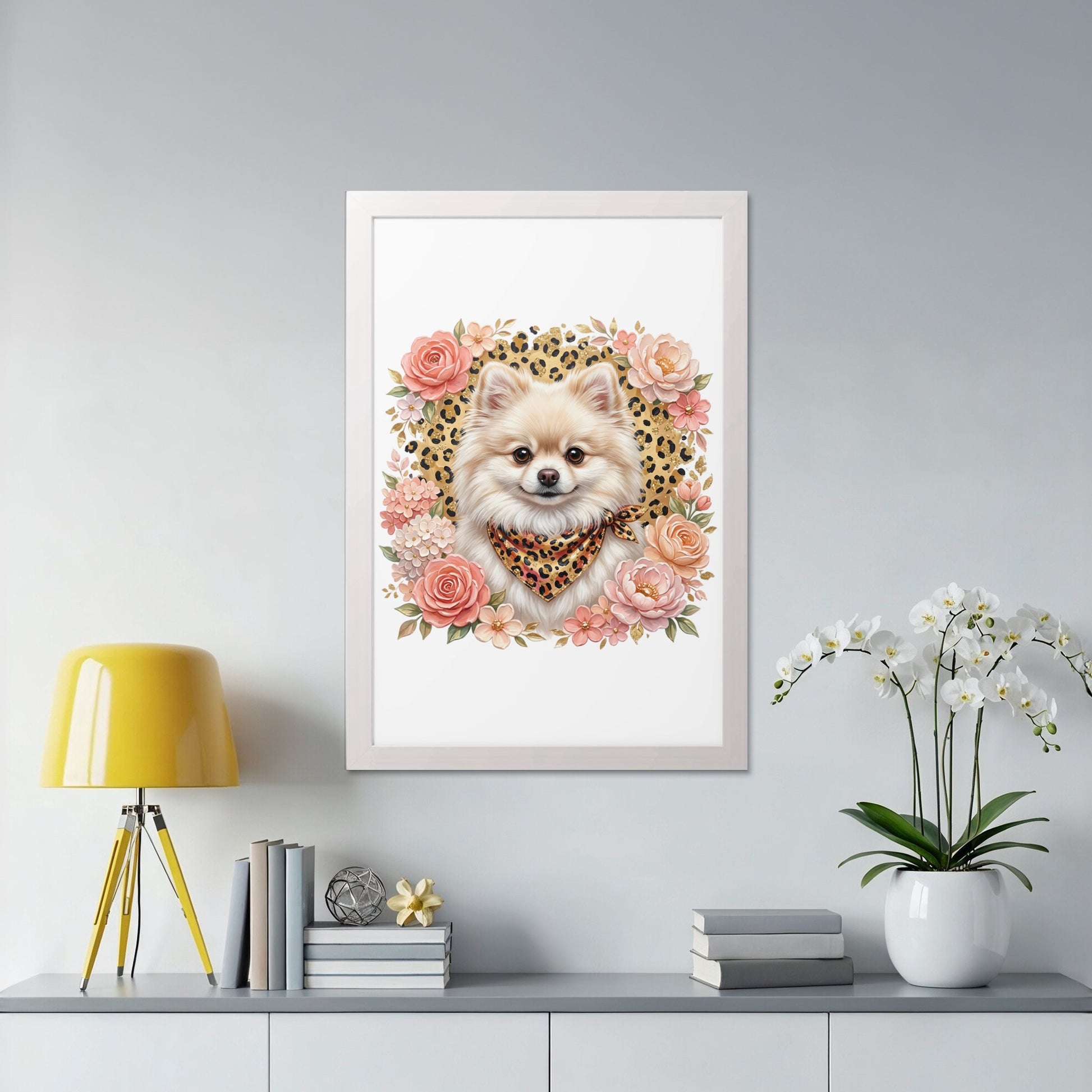 Framed painting of a Pomeranian wearing a bandana, surrounded by flowers.