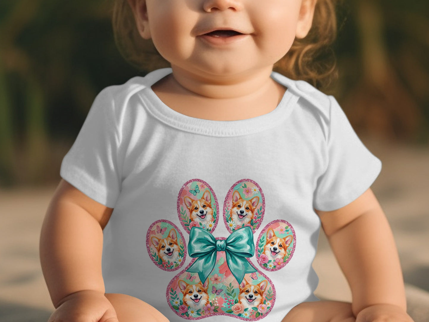 Baby wearing white onesie with colorful corgi paw print design.