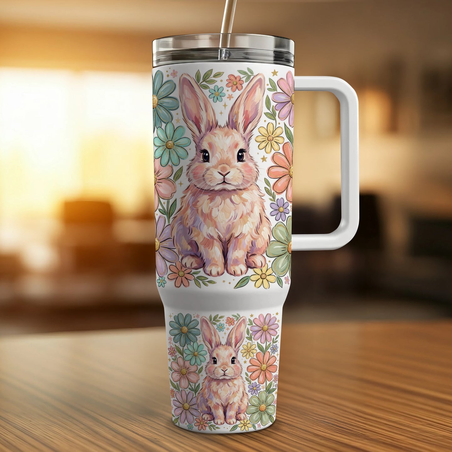 Bunny and floral design on a white insulated tumbler with handle and straw.