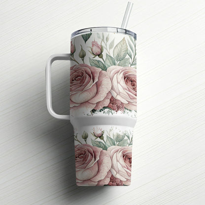 White tumbler with pink roses and green leaves, straw in lid.