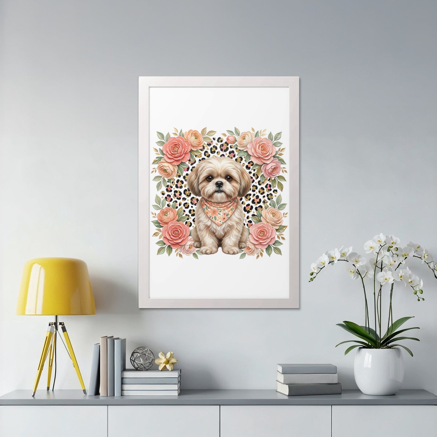 Shih Tzu dog wearing a bandana surrounded by flowers in a white frame.
