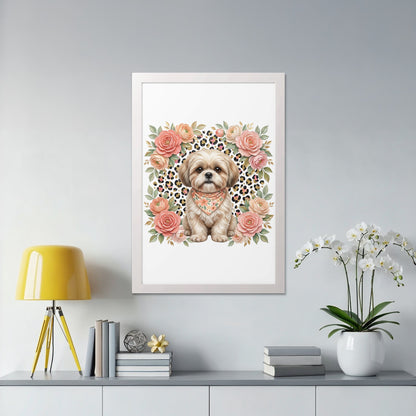 Shih Tzu dog wearing a bandana surrounded by flowers in a white frame.