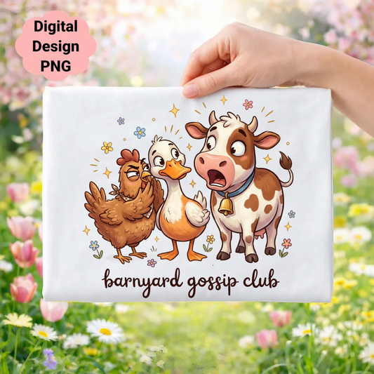 Chicken, duck, and cow with "barnyard gossip club" text.