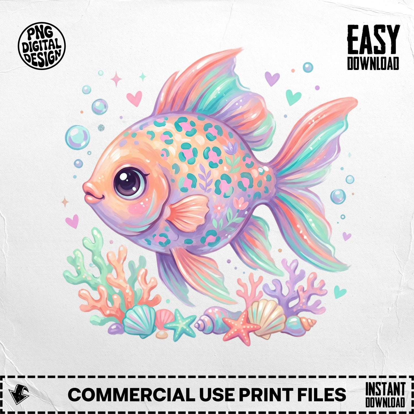 Illustration of a colorful, cute cartoon fish with seashells and coral.