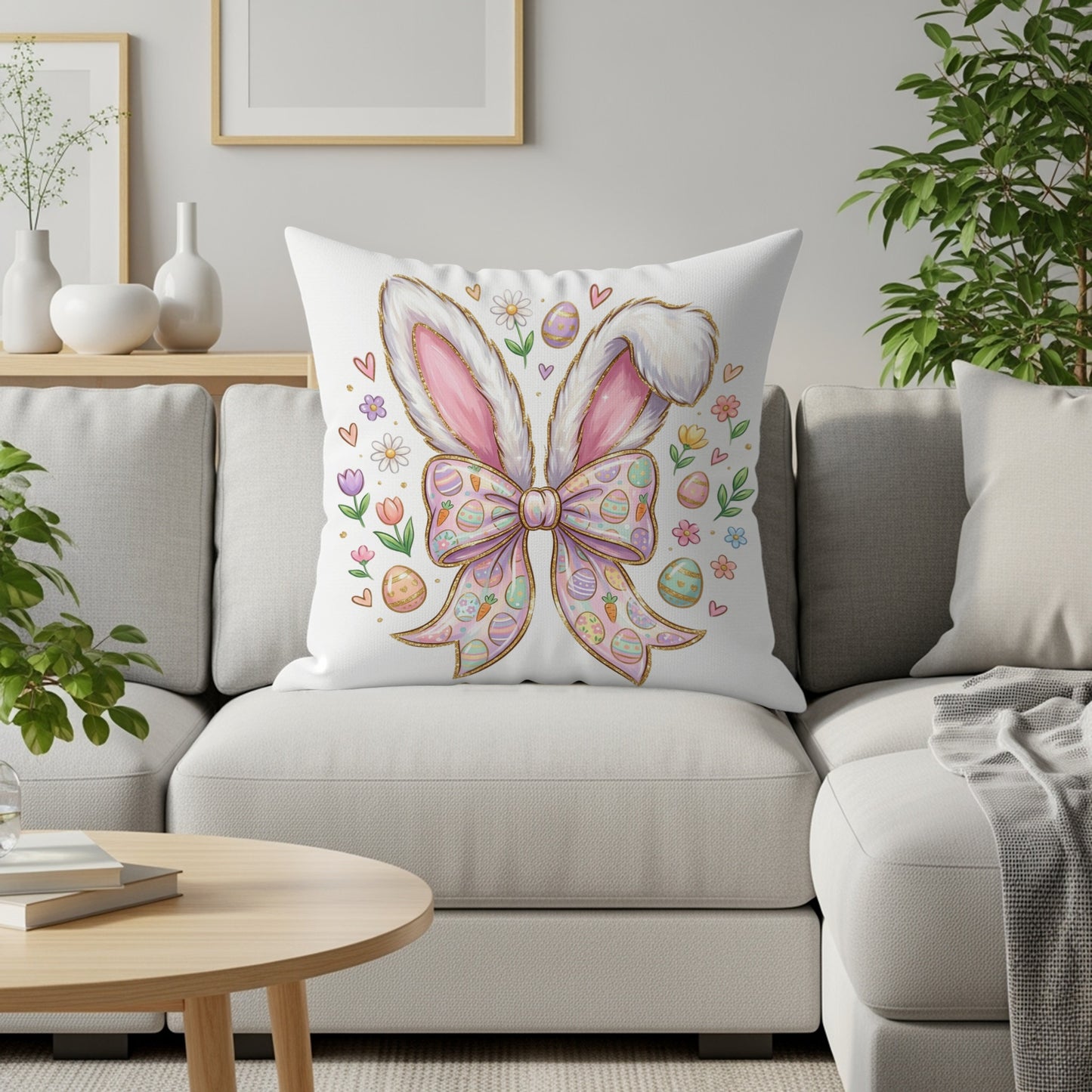 Easter pillow with bunny ears and bow, surrounded by flowers and eggs.