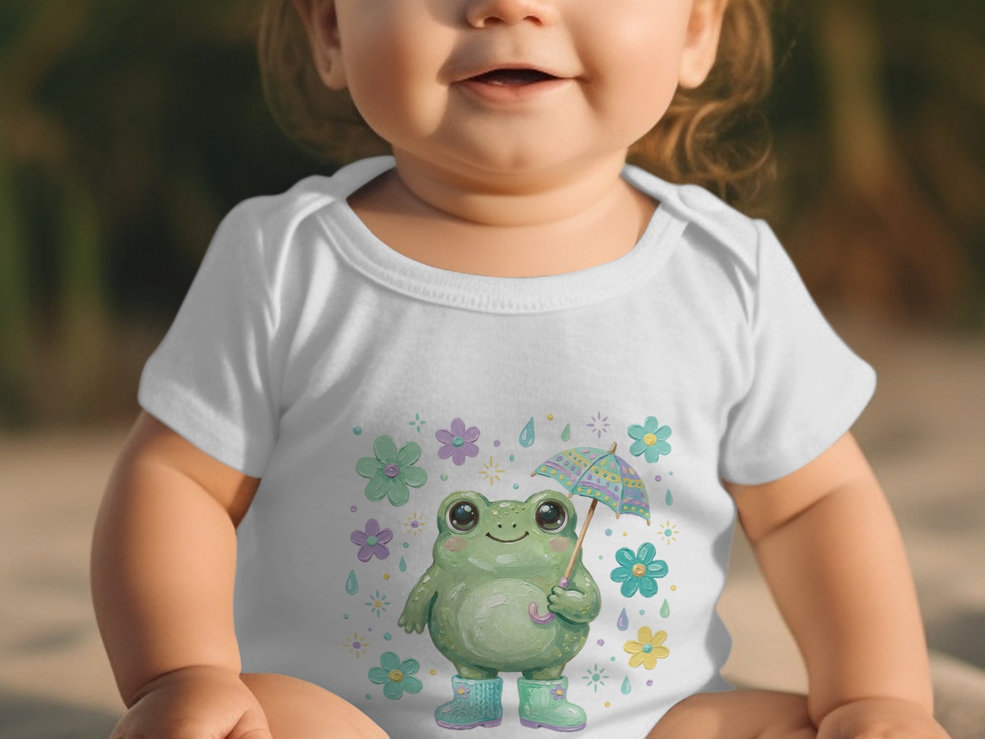 Baby wearing white onesie with a smiling frog holding an umbrella.