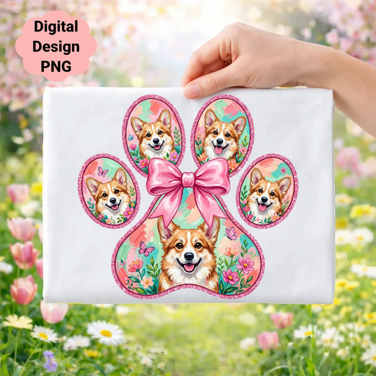 Corgi paw print with butterflies and a pink bow.