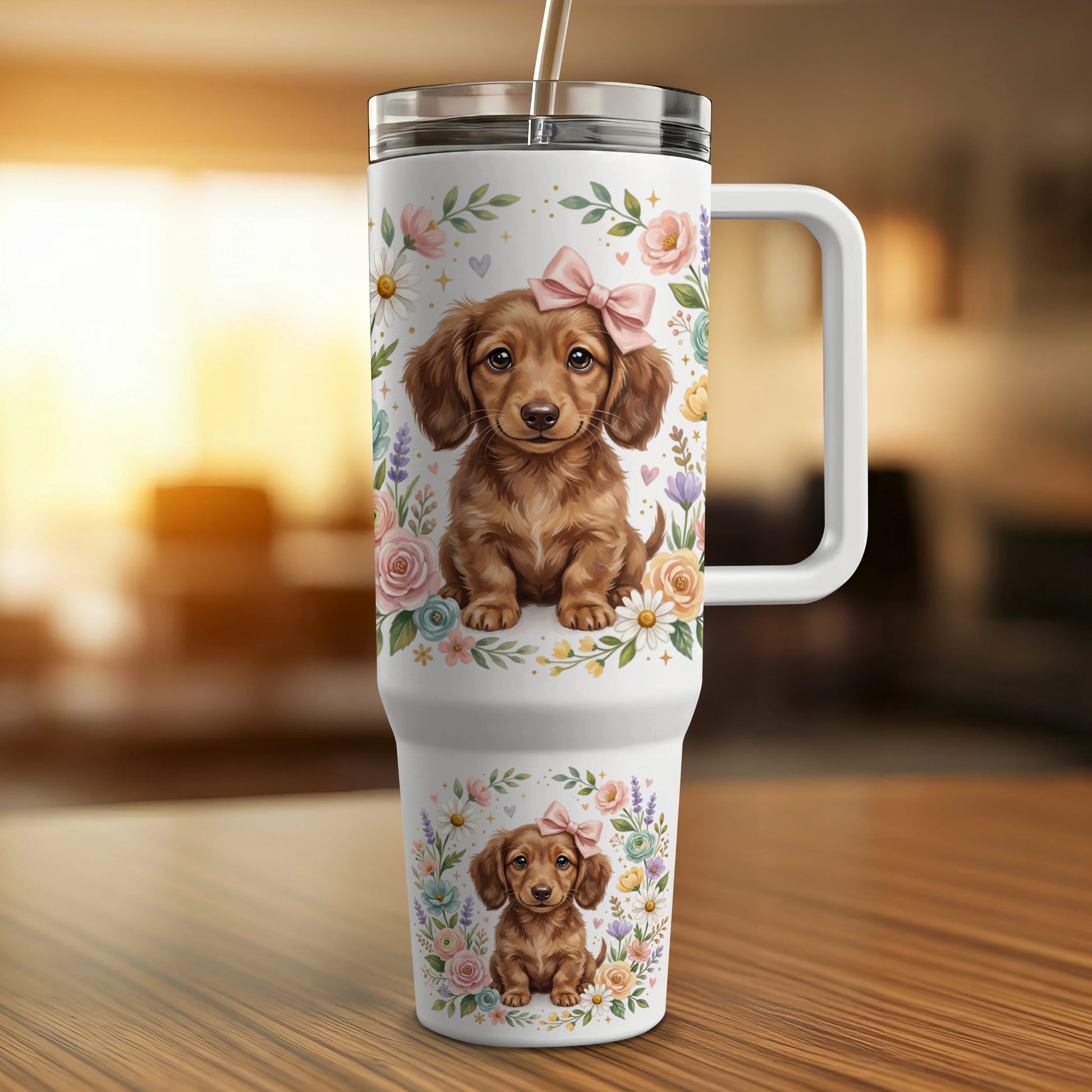 Dachshund puppy with pink bow on a white tumbler with floral accents.