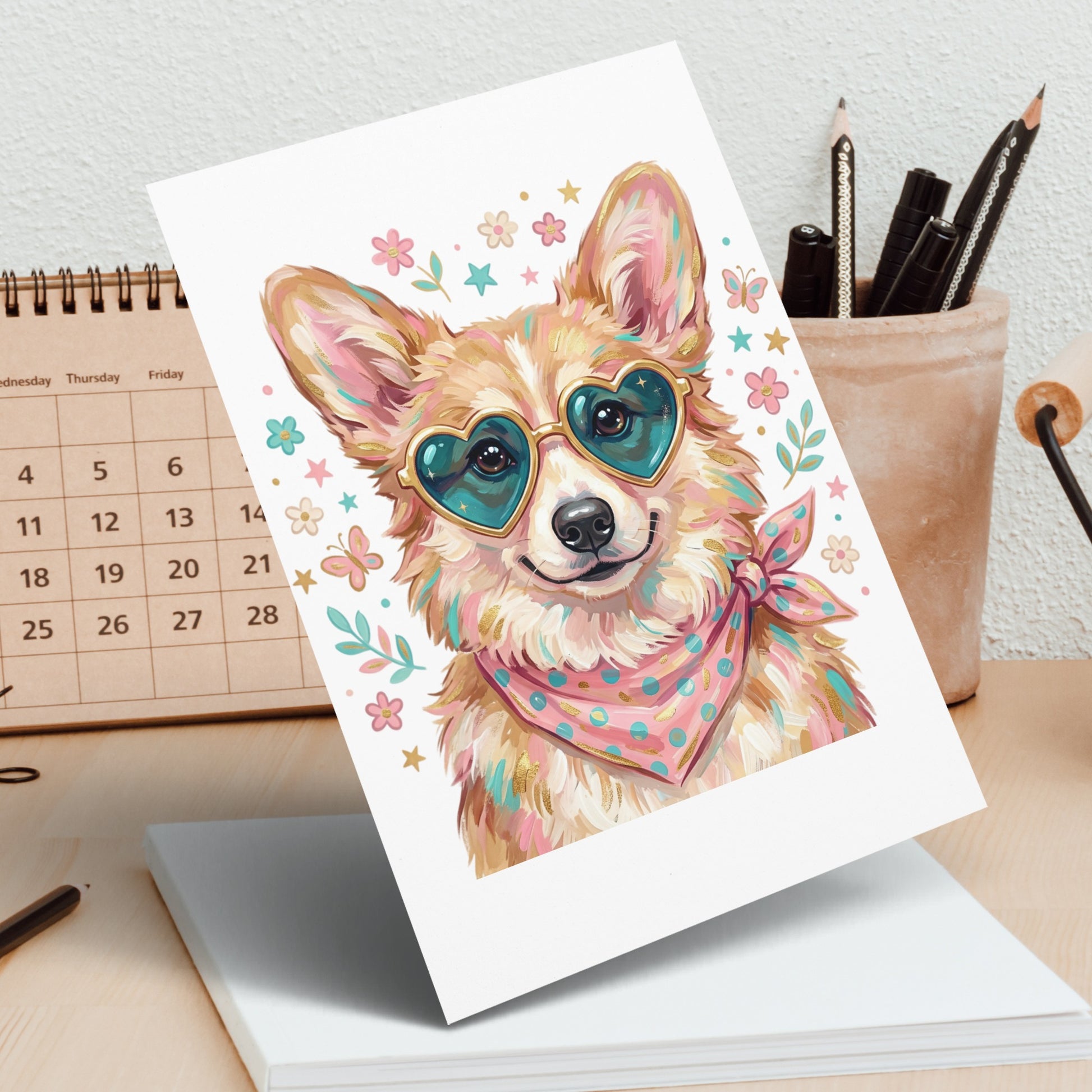 Corgi wearing heart sunglasses and a polka dot bandana, illustrated on a card.