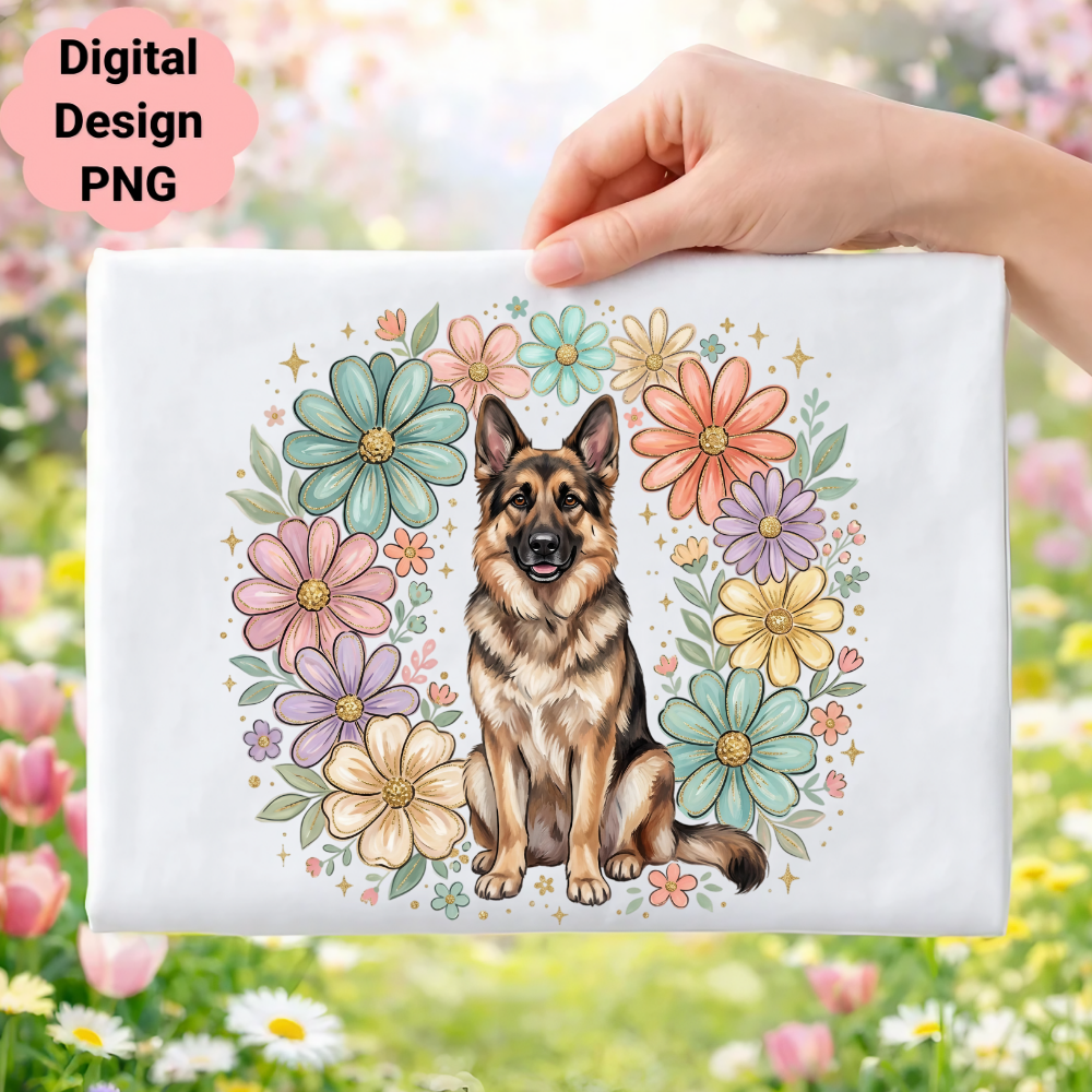 German Shepherd dog surrounded by a floral wreath, with "Digital Design PNG" text.