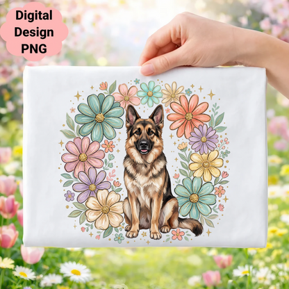 German Shepherd dog surrounded by a floral wreath, with "Digital Design PNG" text.