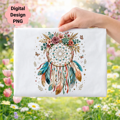Dreamcatcher with feathers, flowers, and butterflies, set against a floral background.