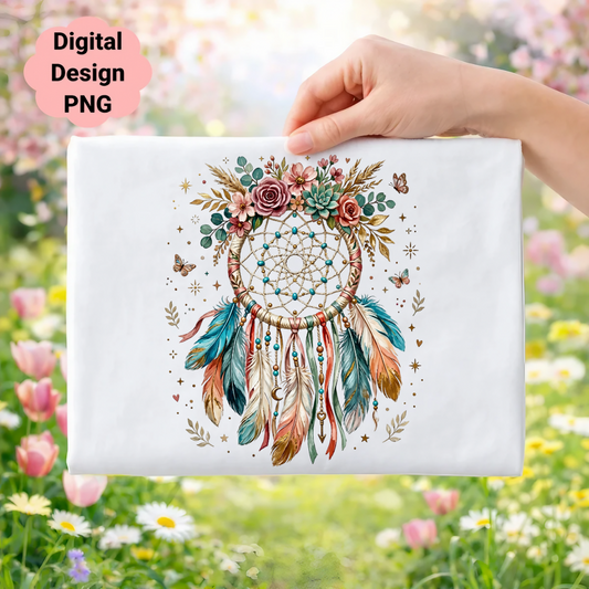 Dreamcatcher with feathers, flowers, and butterflies, set against a floral background.