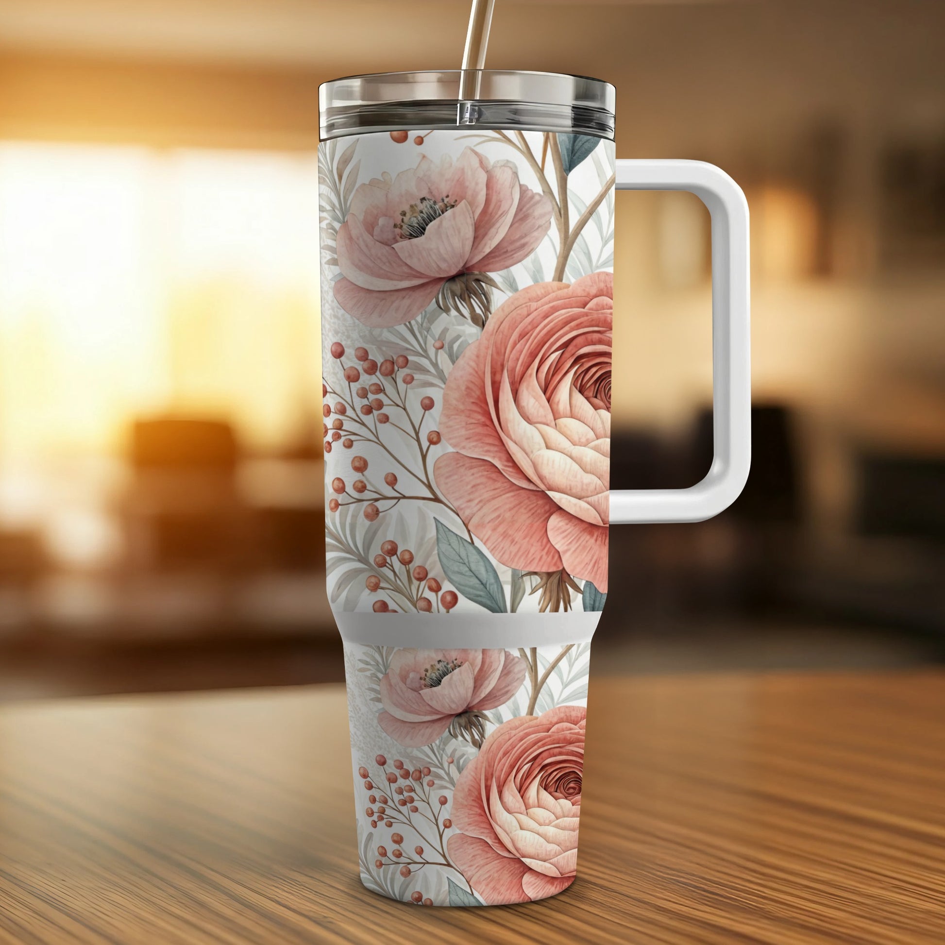 Floral tumbler with pink roses and berries on a wooden surface.