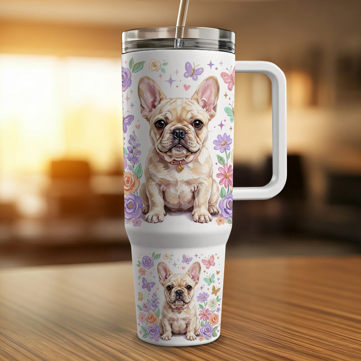 White tumbler with French bulldog illustration and floral accents.