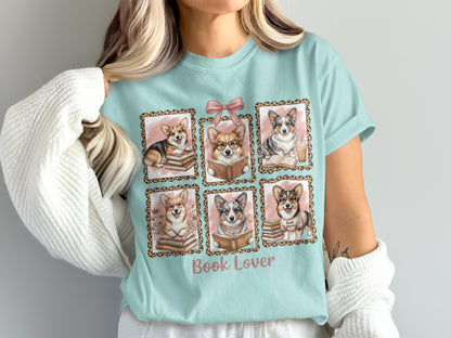 Six framed corgi illustrations wearing glasses reading books, text "Book Lover".