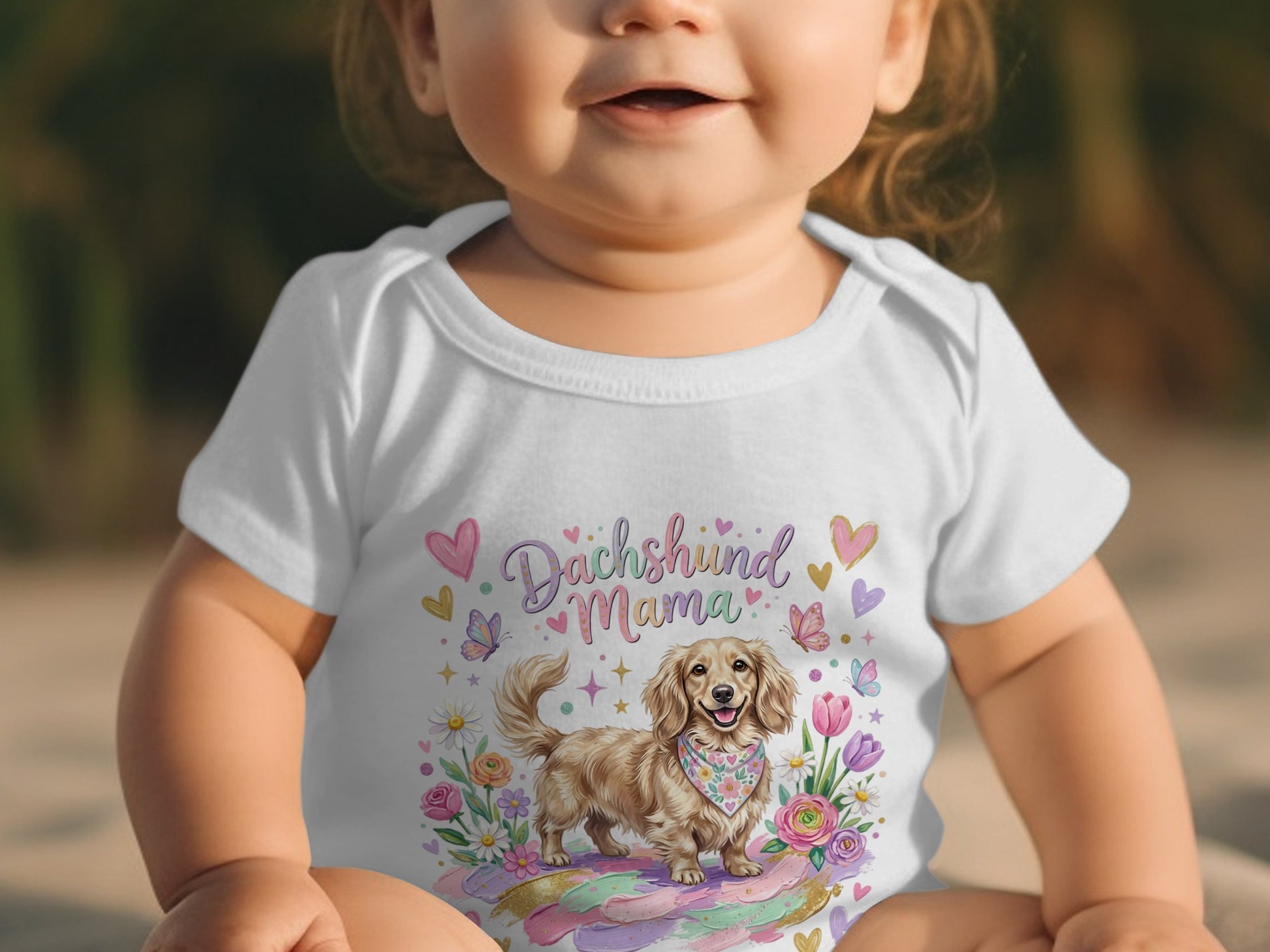Baby in white onesie with dachshund and floral "Dachshund Mama" graphic.