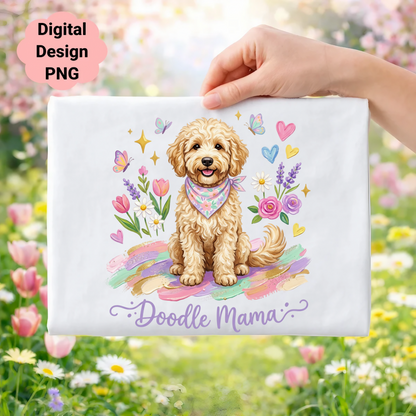 Doodle dog with bandana surrounded by flowers and hearts, "Doodle Mama" text.