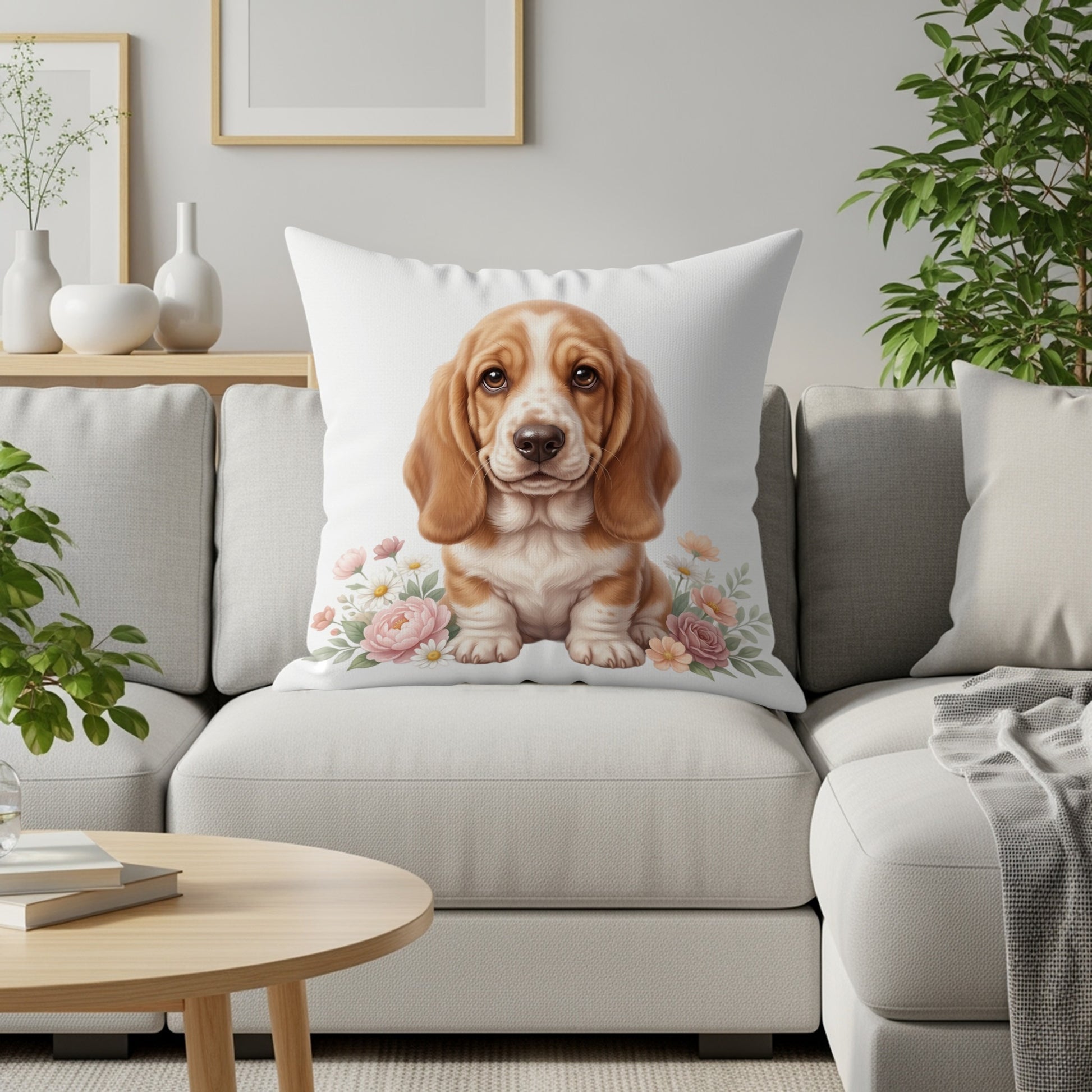 Basset hound puppy sitting on a white pillow with flowers.