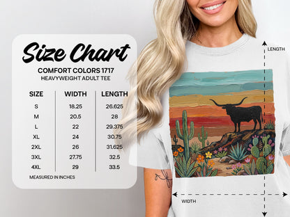Comfort Colors 1717 heavyweight adult tee size chart with measurements.