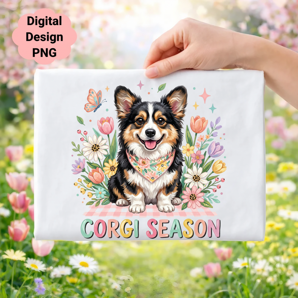 Corgi with flowers and "Corgi Season" text on a checkered background.