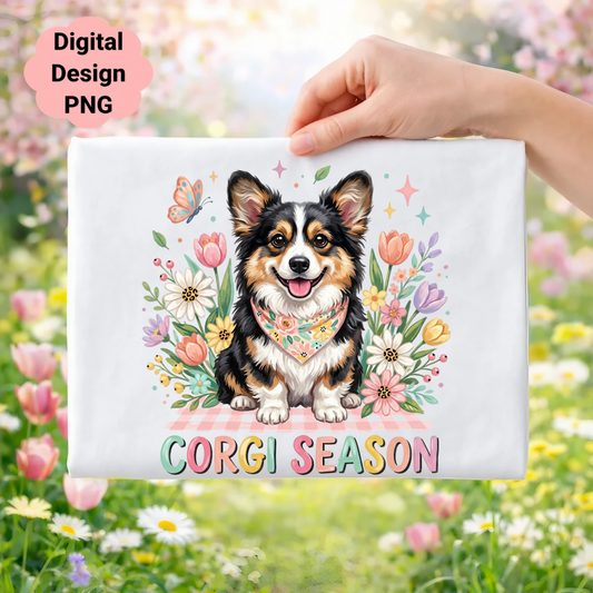 Corgi with flowers and "Corgi Season" text on a checkered background.