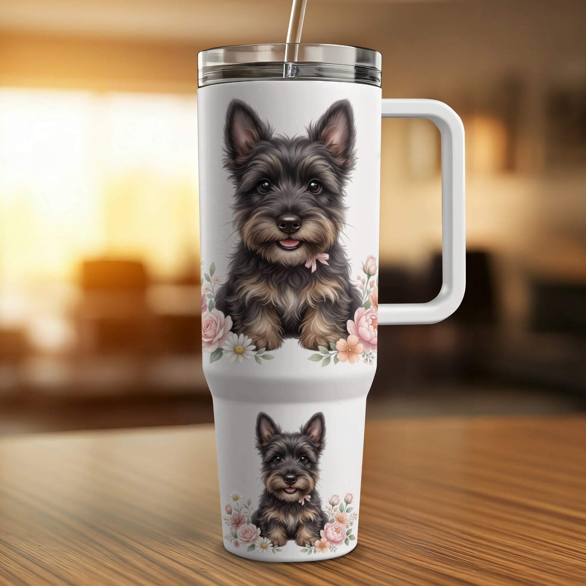 Terrier dog with pink bow and floral accents on a travel tumbler.
