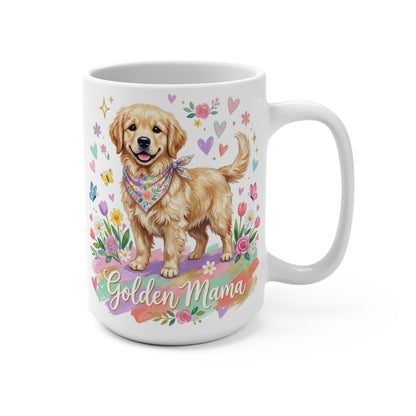 Golden Retriever dog wearing a bandana on a colorful floral background with "Golden Mama" text.