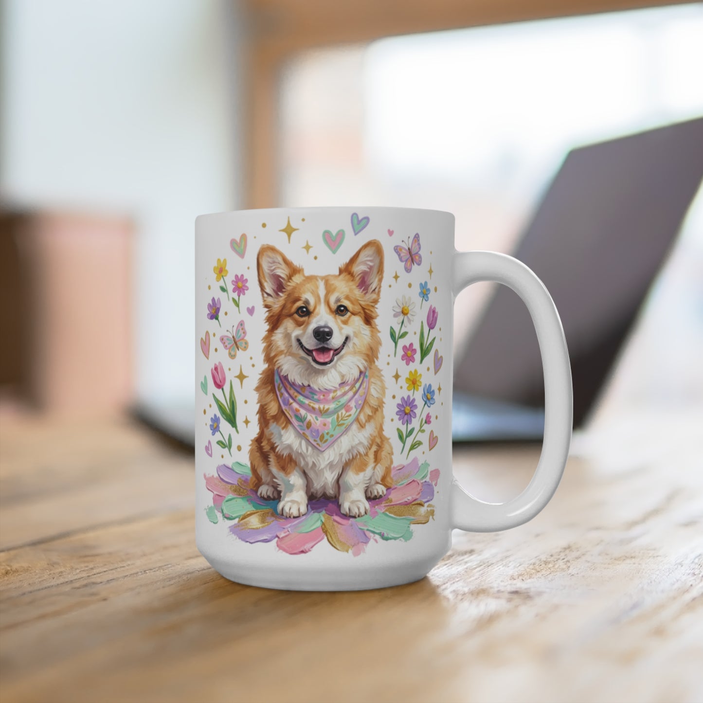 Corgi wearing a bandana sitting on colorful flowers.