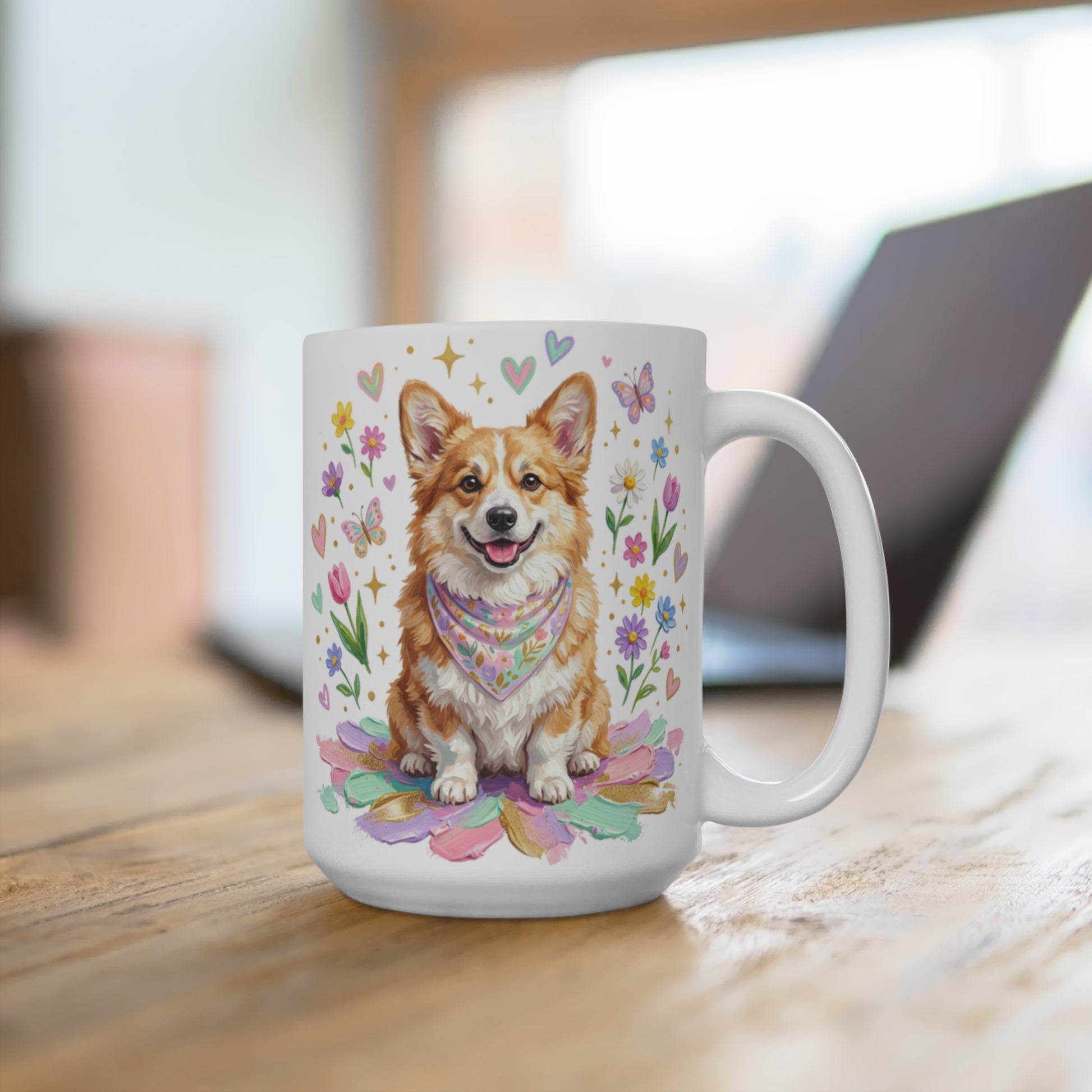 Corgi wearing a bandana sitting on colorful flowers.