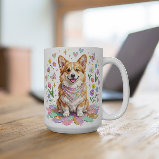 Corgi wearing a bandana sitting on colorful flowers.