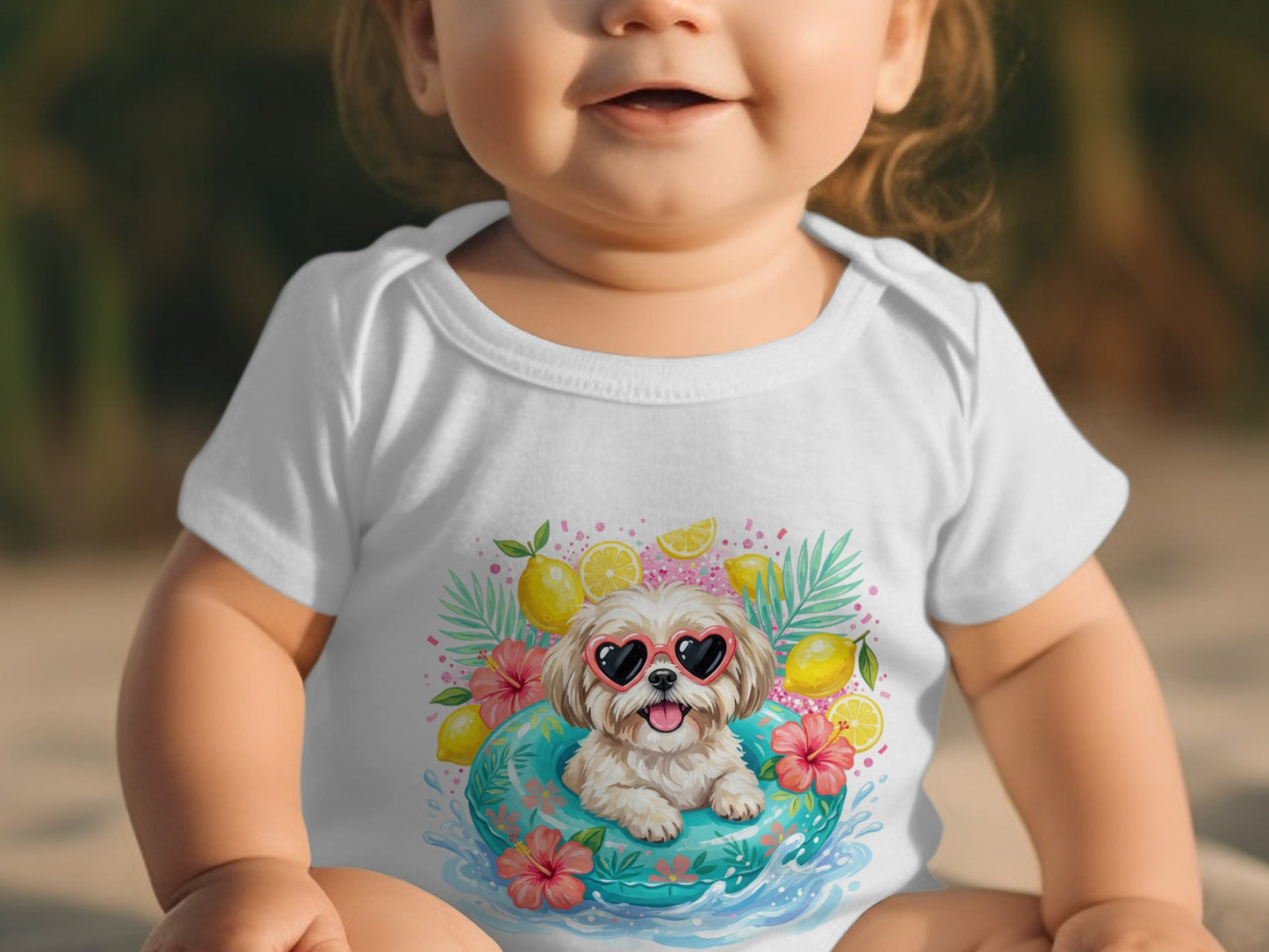 Baby wearing white onesie with a happy dog on a float.