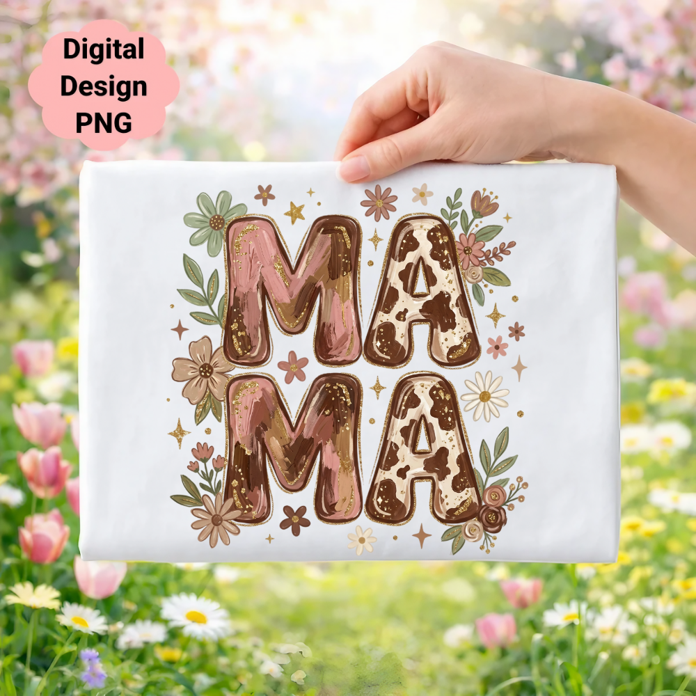 Mama text with floral and cow print details, digital design PNG.